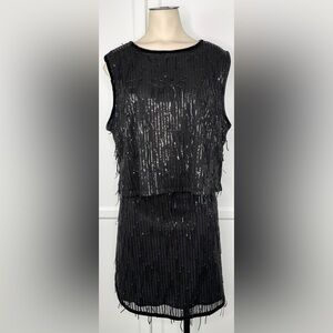 NWOT Avec Les Filles 2PC Black Tank Top & Mini Skirt With Sequin Fringe